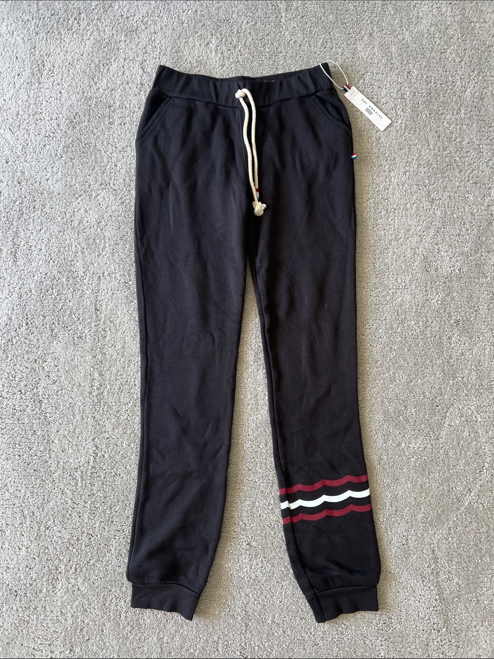 NWT Kids Black Joggers with Burgundy & White Hem Stripes